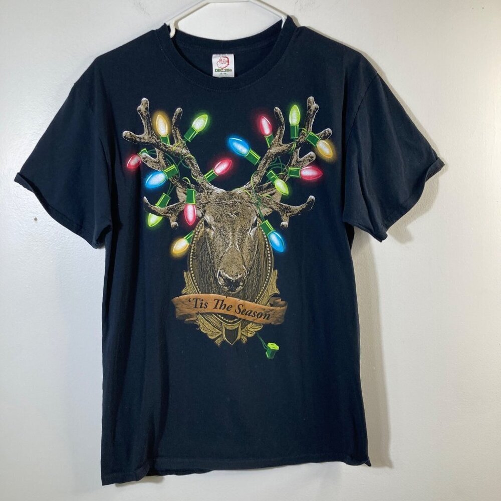Womens Dec 25th‎ Reindeer Lights Tee Shirt Short Sleeve Black M Cotton
